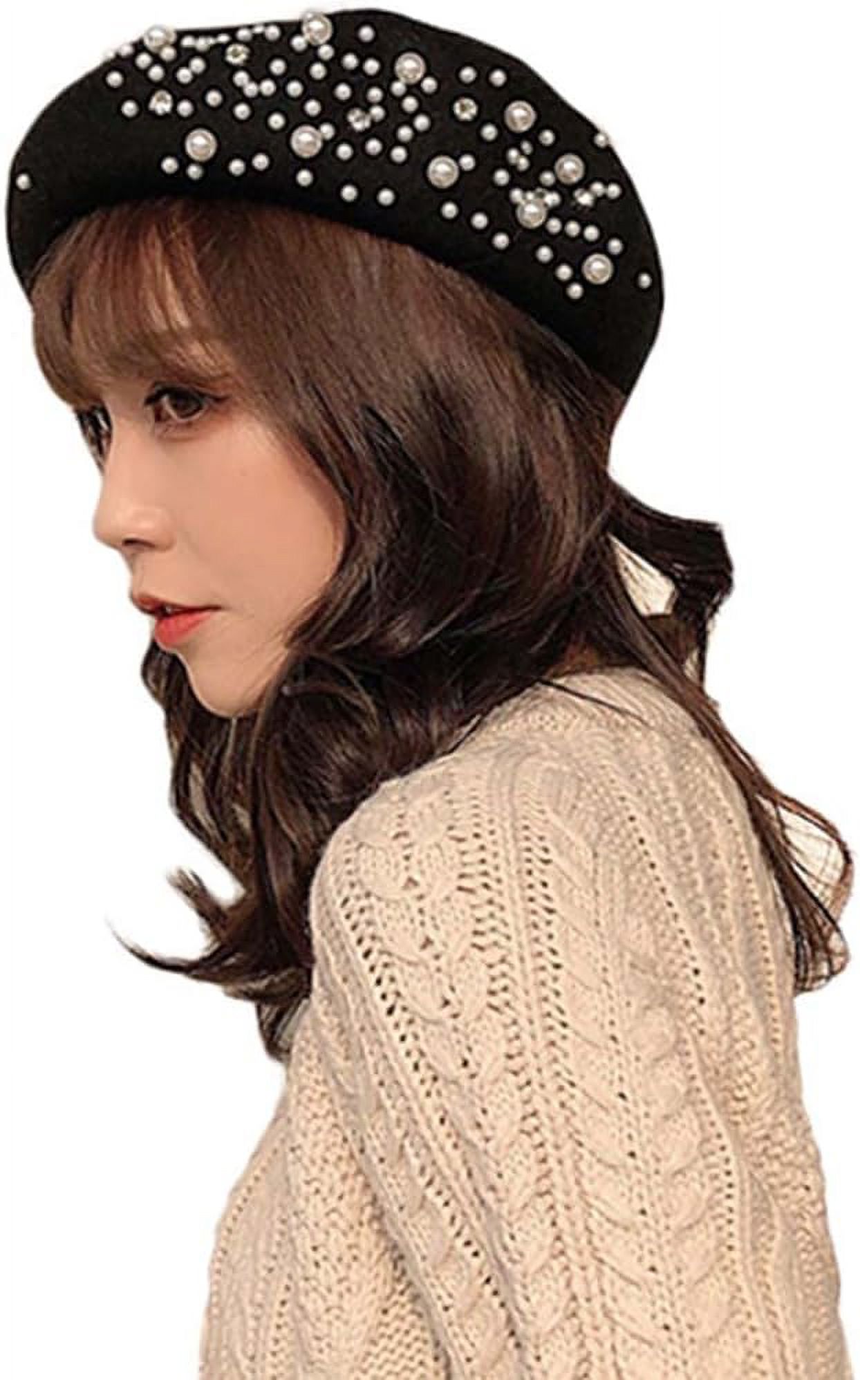 Women Girls Beaded Pearl Rhinestone Wool French Beret Hat  display picture 3