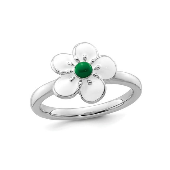 Gem & Harmony Sterling Silver Hawthorn Flower Ring with White and Green Enamel for Women