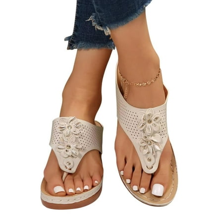 

AXXD Beige Wedge Sandals for Women Summer Large Size Solid Color Flower Casual And Comfortable Lunge Sandals Shoes
