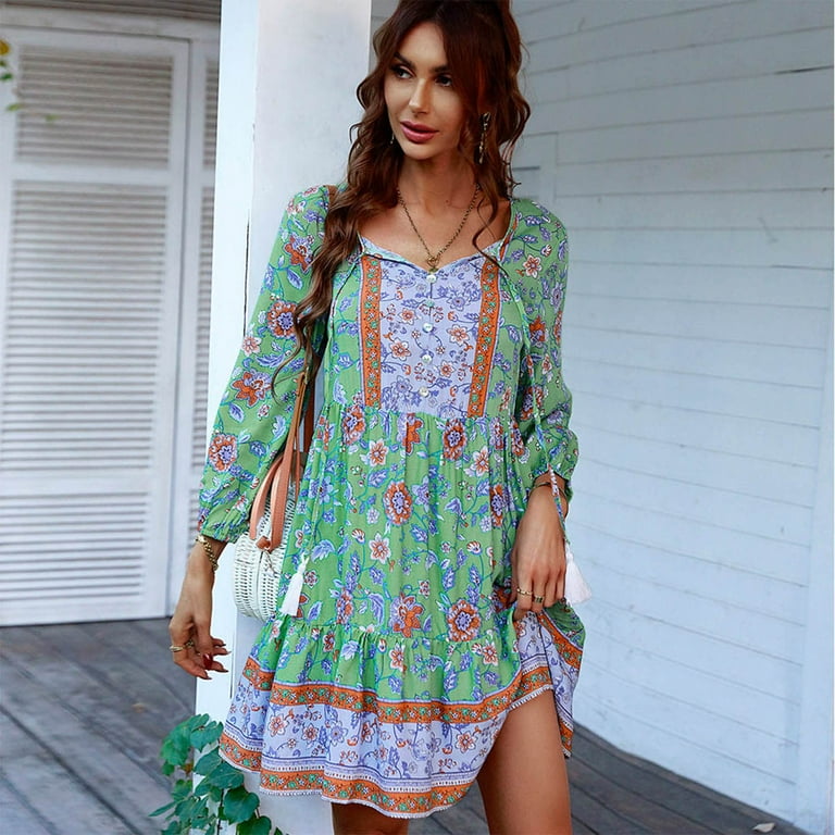 Bescita Boho Summer Dresses for Women V Neck Vintage Ethnic Style Printed  Smocked Tiered Casual A Line Flowy Midi Dress