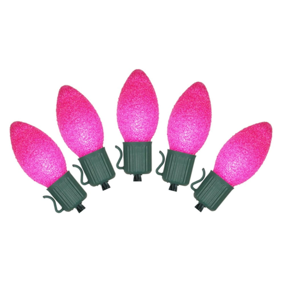 Set of 10 Battery Operated Sugared Pink LED C7 Christmas Lights Green