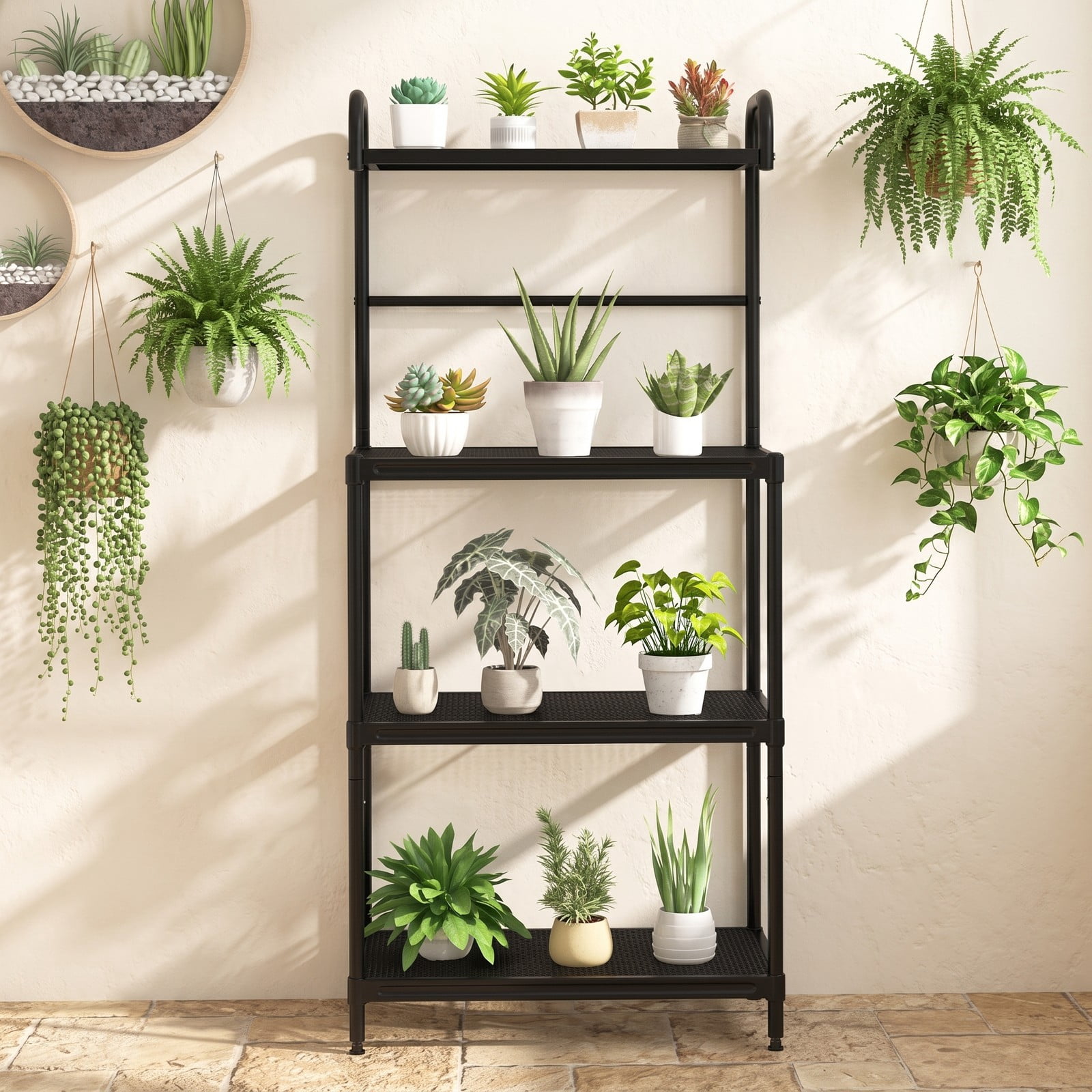 RUIE 4-Tier Kitchen Microwave Storage Rack, Freestanding Baker's Rack Organizer with Metal Shelves, Heavy-Duty Iron Utility Stand for Pantry Living Room, Black