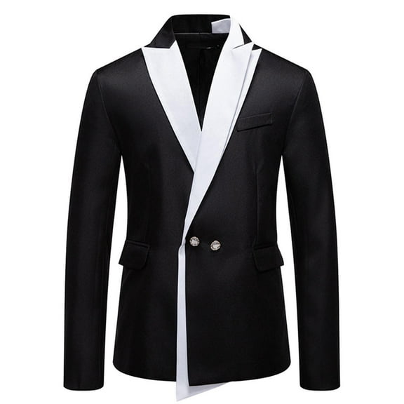 Mrmaere Men's Blazer Jacket Contrast Lapel Double-Button Stylish Outerwear for Formal & Special Black L