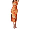 thumbnail image 3 of Floral Summer Dresses for Women Bodycon Sleeveless Midi Dress Side Slit Wedding Cocktail Party Dresses Orange Color M, 3 of 9