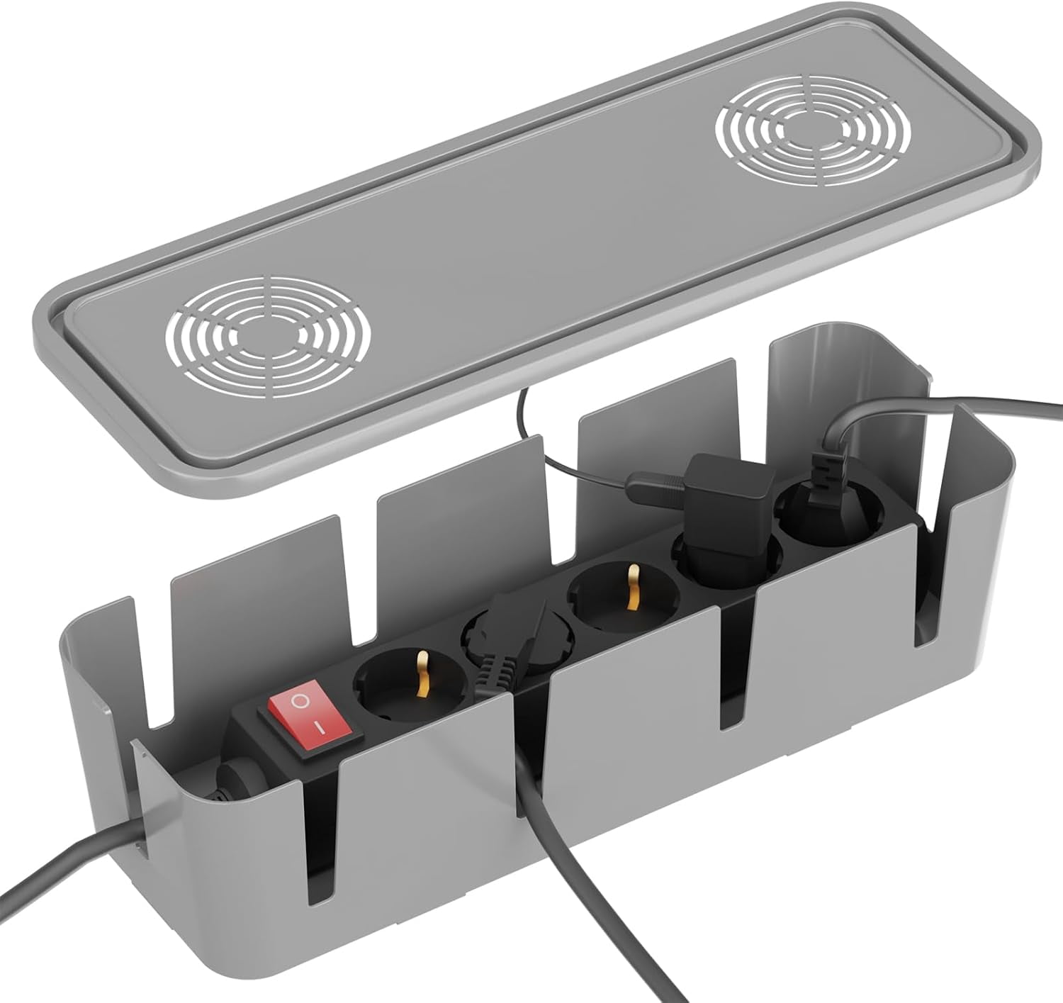 FEFEFW-Cable Management Box, Cable Organizer Box and Power Strip Box, Power Strip Protector Box - Wire Box Hider for Desk - 10 Open Slots (Grey)