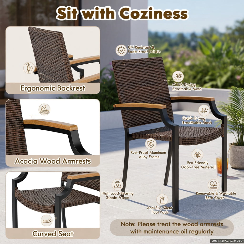 Hommoo 2-Piece Stackable Outdoor Dining Chairs, PE Rattan Wicker with Acacia Wood Armrests, Heavy-Duty Metal Frame, Weather-Resistant Patio Seating for Backyard, Porch & Garden, Brown