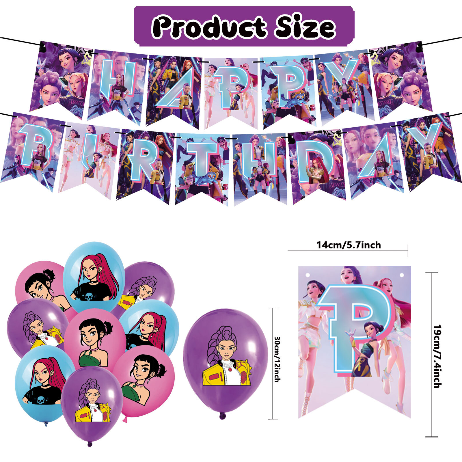 40 PCS For K-pop Movie Theme Birthday Party Decorations,With 1 Happy Birthday Banner Garland,13 Cupcake Toppers,18 Balloons,6 Hanging Swirls,2 Foil Balloons,All-in-One Party Supply Set