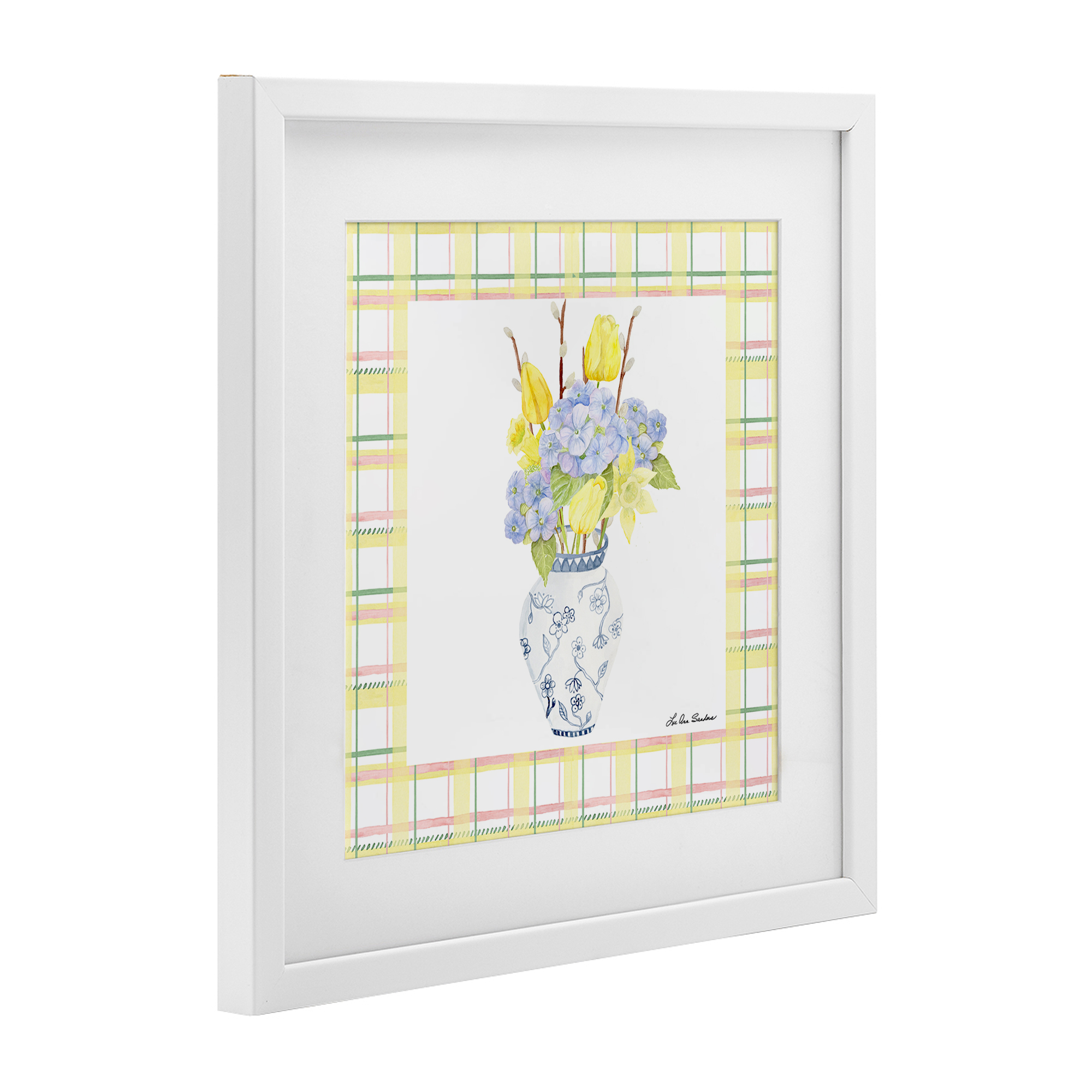 Spring Vase on Yellow Plaid White Framed Print Under Glass, design by Lee Ann Sanders