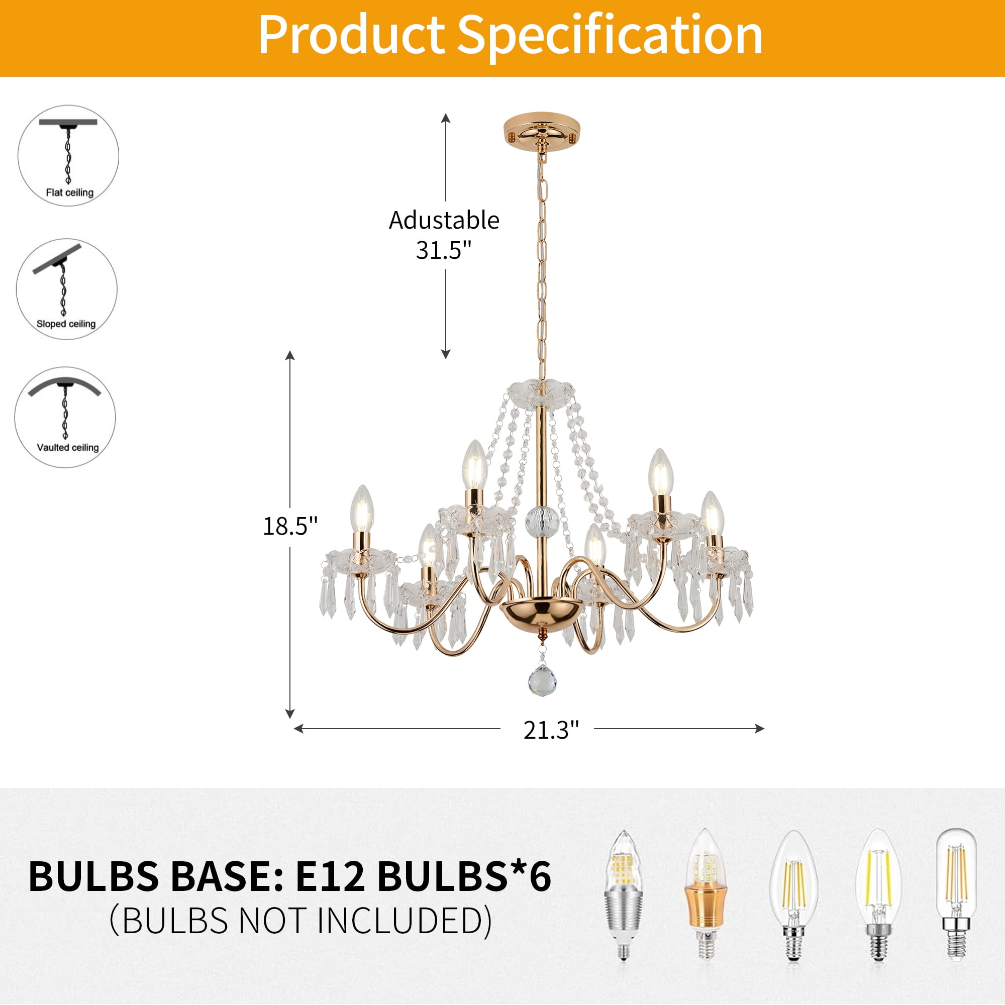 Crystal Chandelier,Gold Pendant Lighting for Living Room 6 Hanging Ceiling Fixture for Wedding,Kitchen,Dining,Foyer,H 18.5" x W 21.3"