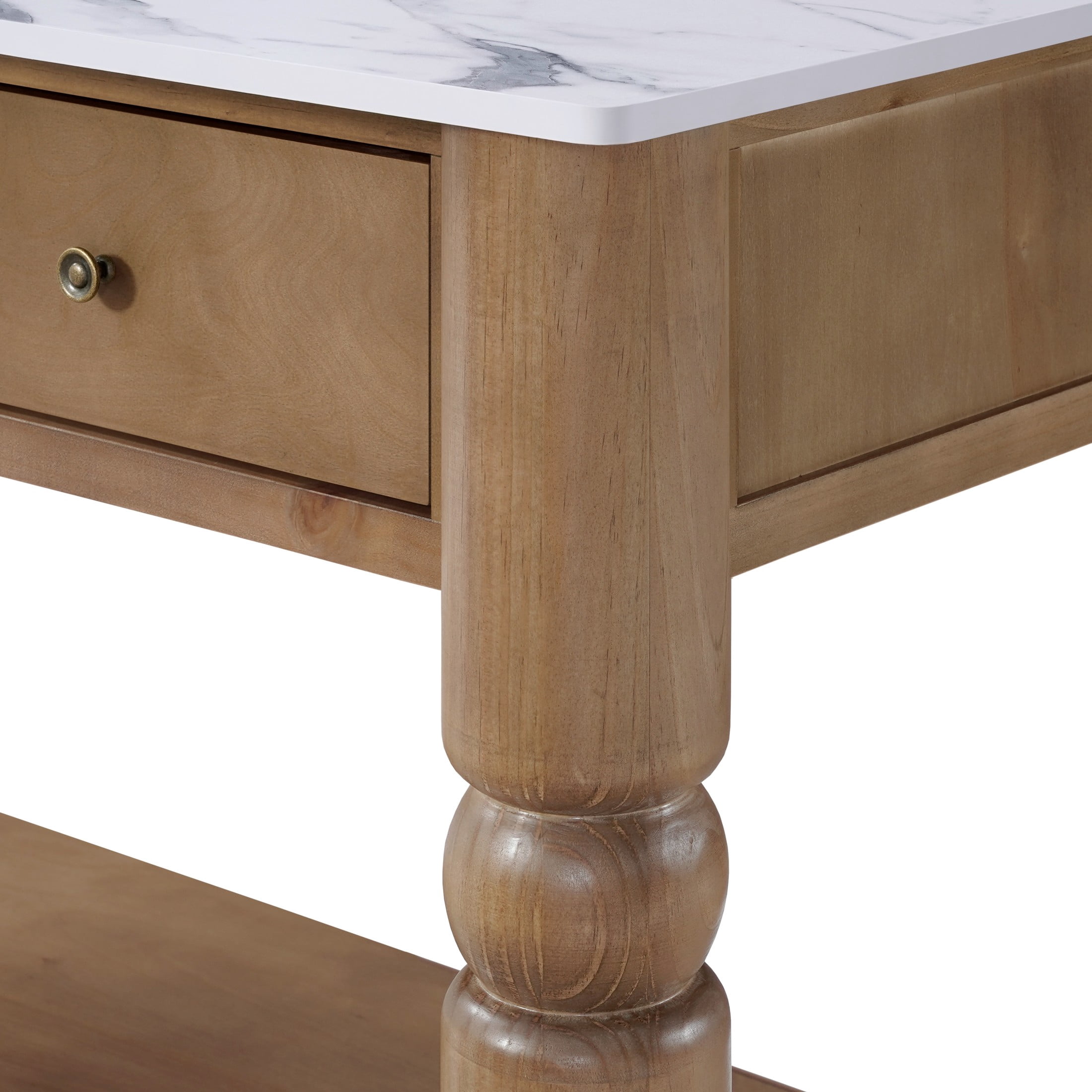 Christopher Knight Home 58" Wooden Kitchen Island, Marble-Look Top, Turned Ball Legs, Walnut+White