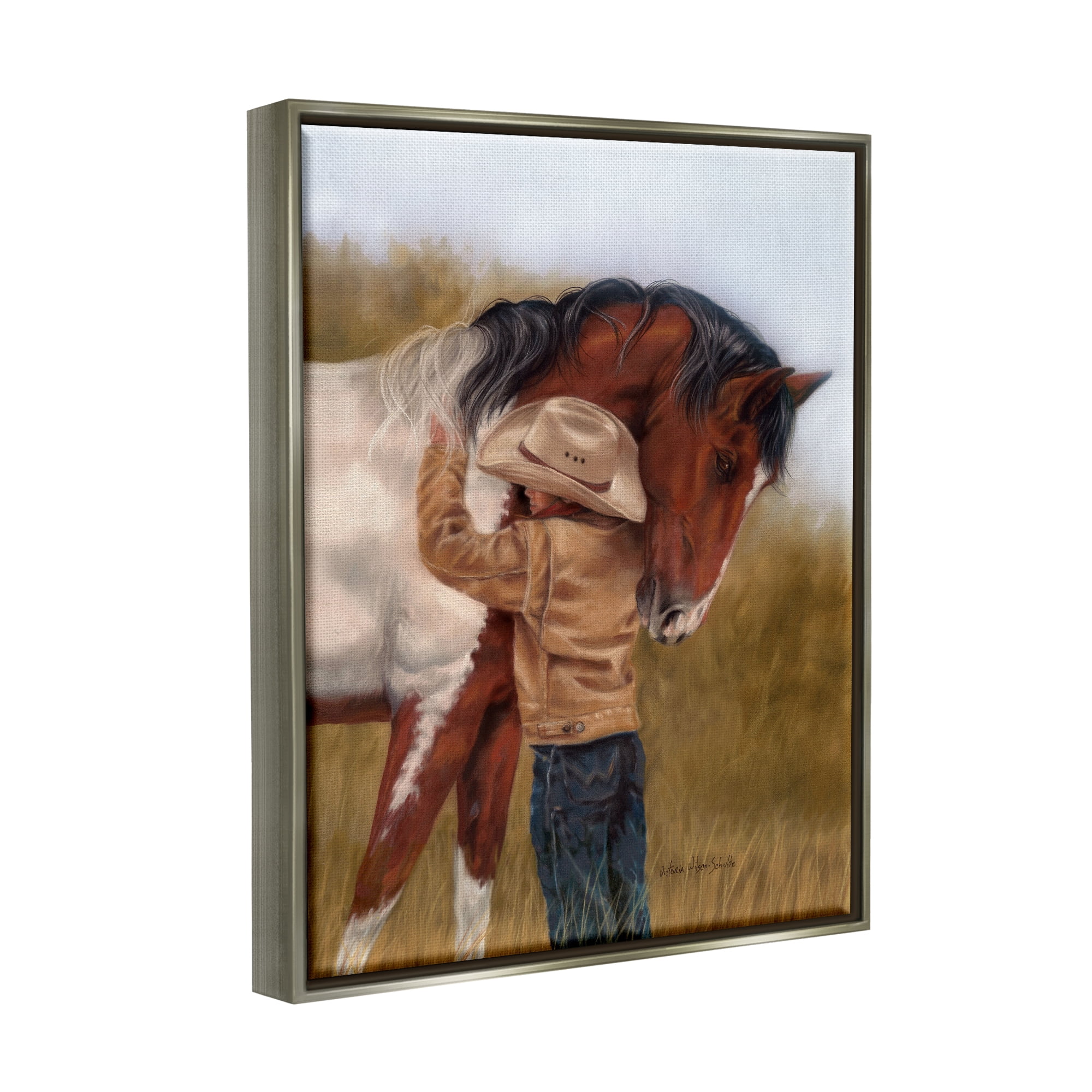 Stupell Industries Boy Hugging Horse Painting Animals & Insects Painting Gray Floater Framed Canvas Art Print Wall Art, 17 x 21
