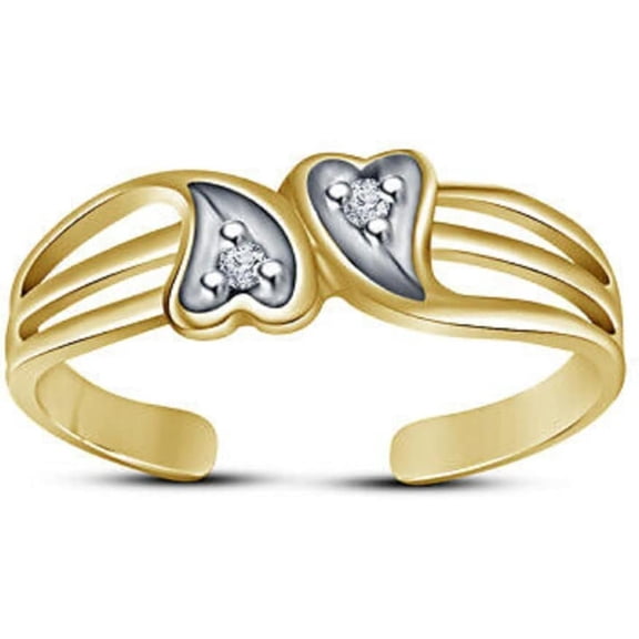 925 Sterling Silver 14K Yellow Gold Plated Round Cut White Diamond Double Heart Adjustable Toe Ring for Women's