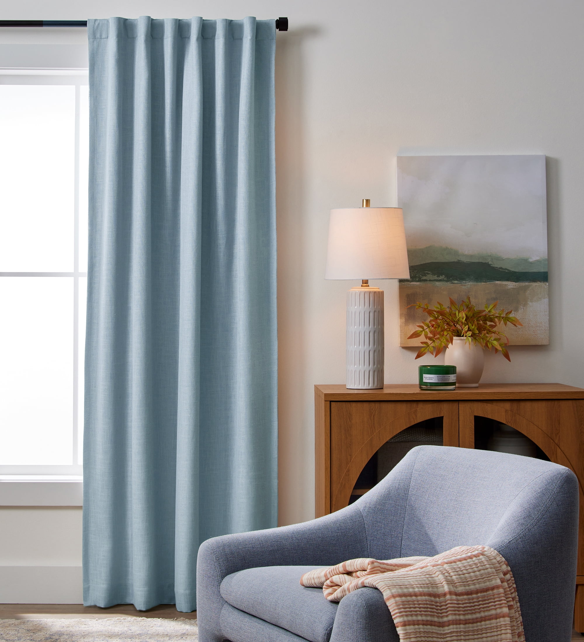 Better Homes & Gardens 100% Blackout Linen Blend Single Curtain, 50x84, Blue Water