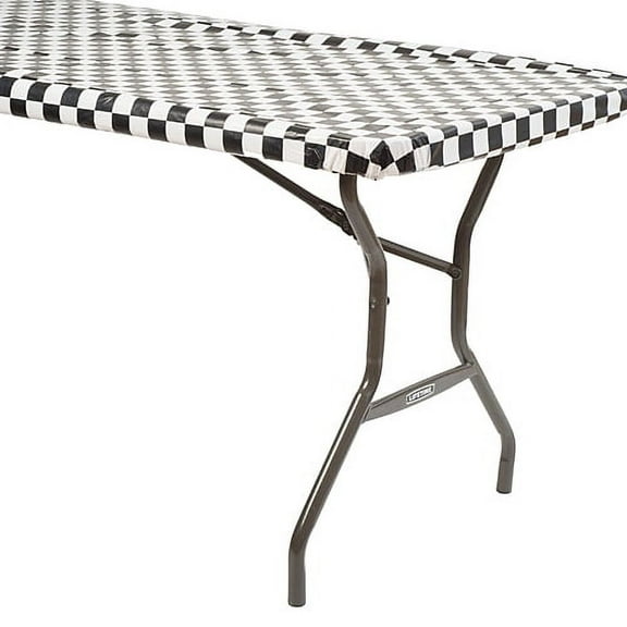 Black Checker 8' Banquet Stay Put Elastic Plastic Tablecloth