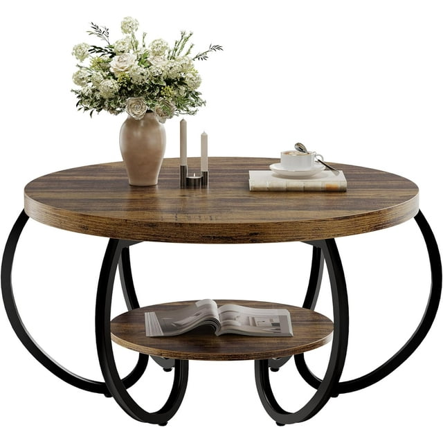Table Basse Ronde, Table Basse à 2 Niveaux pour Salon, Tables Centrales d'Accent en Bois Circulaires avec Rangement Ouvert Design Industriel