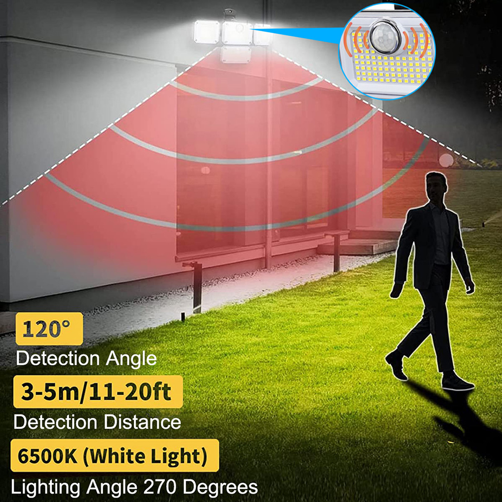 DONGPAI Solar Lights Outdoor Waterproof, 333 LED 4 Heads Motion Sensor Outdoor Lights Security Lights with Remote Flood Lights for Patio Garage Yard Entryways (Cold White 6500K)