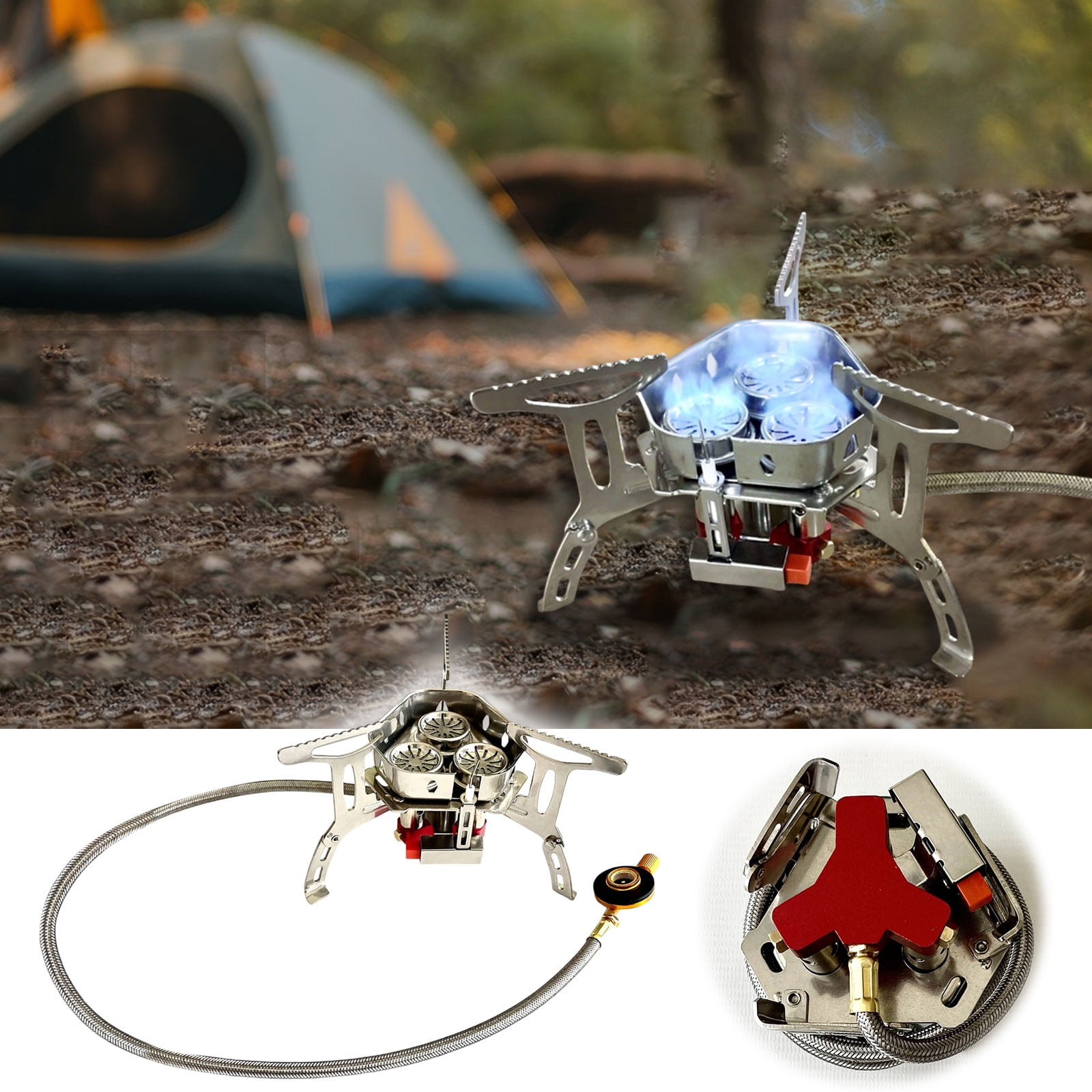 Portable Gas Camping Stove - Lightweight Windproof Backpacking Stove with Piezo Ignition & Adapter, for Outdoor Cooking While Hiking, Camping or Picnics