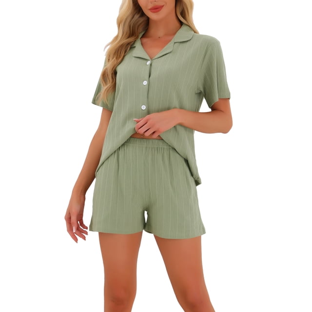 Conjunto de Pijamas para Mujeres INSPIRE CHIC 100% Algodón, Botones, Cuello Notch, Ropa de Dormir de Manga Corta, Trajes de 2 Piezas con Bolsillos, S Verde