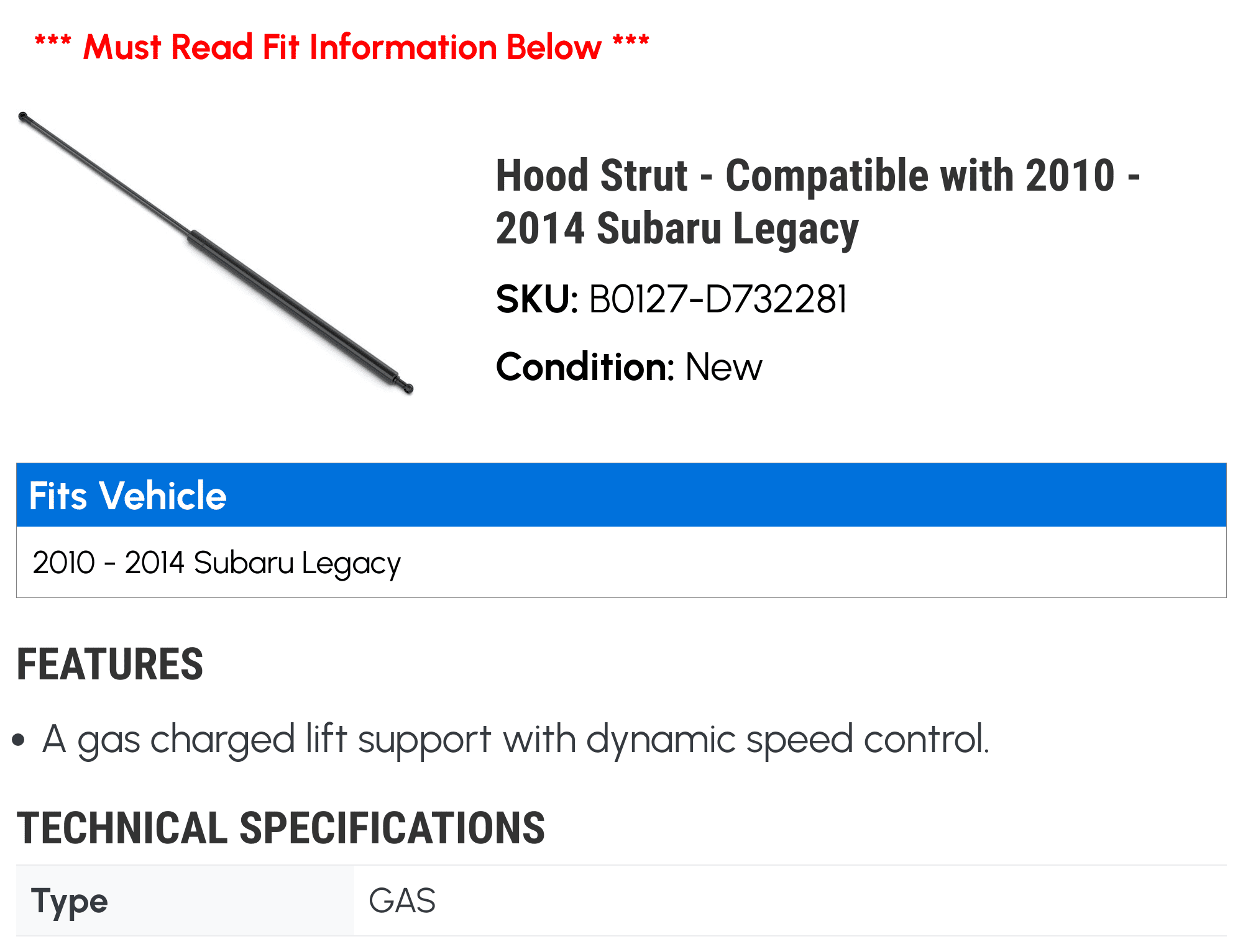 Hood Strut - Compatible with 2010 - 2014 Subaru Legacy 2011 2012 2013