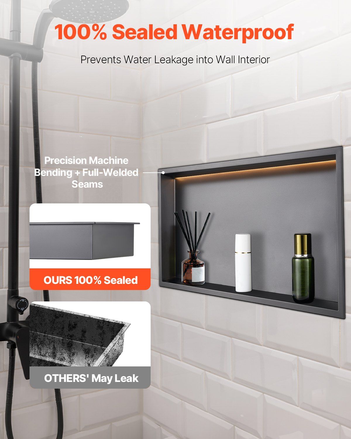 13x25x4 Inch Stainless Steel Shower Niche with LED Strip Waterproof Recessed Wall Organizer Black Bathroom Storage