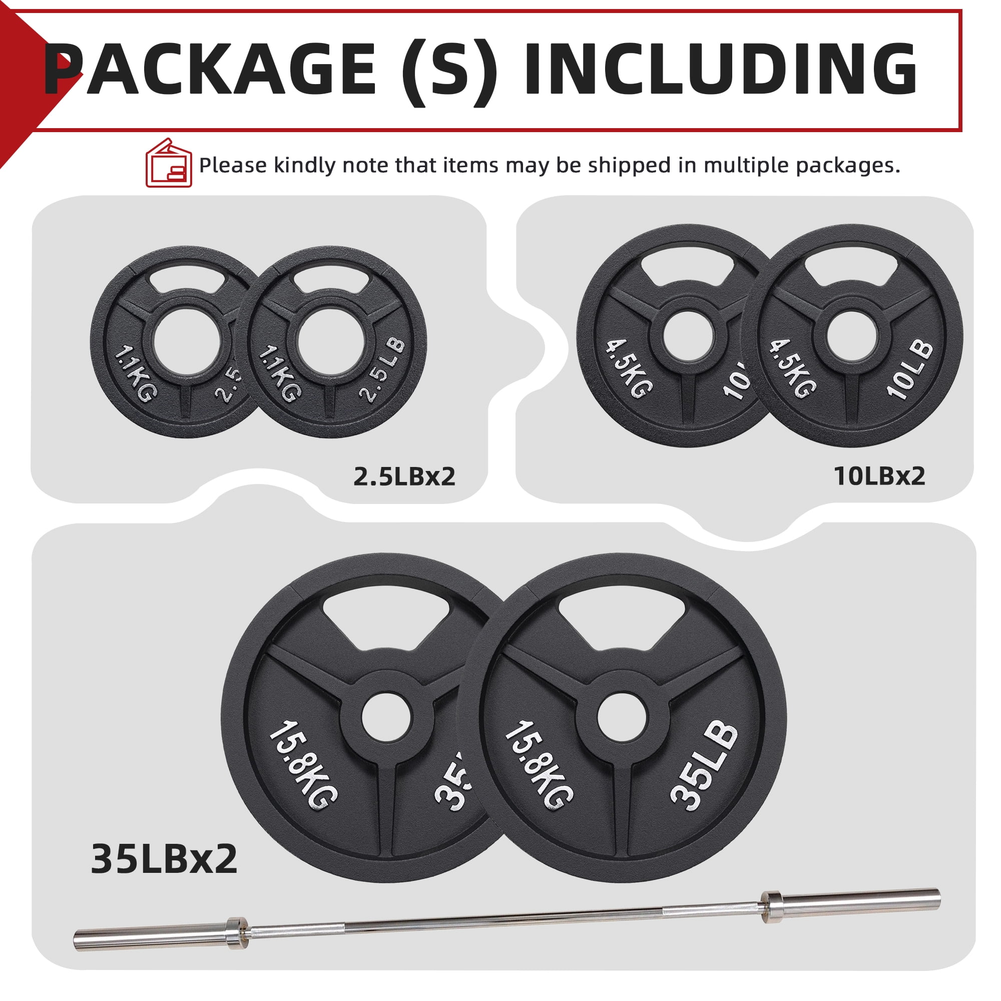 FlexWave 70LB-210LB barbell plate set, 6-foot Olympic bar + cast iron barbell plate, waterproof double scale, home and commercial use can meet a variety of needs
