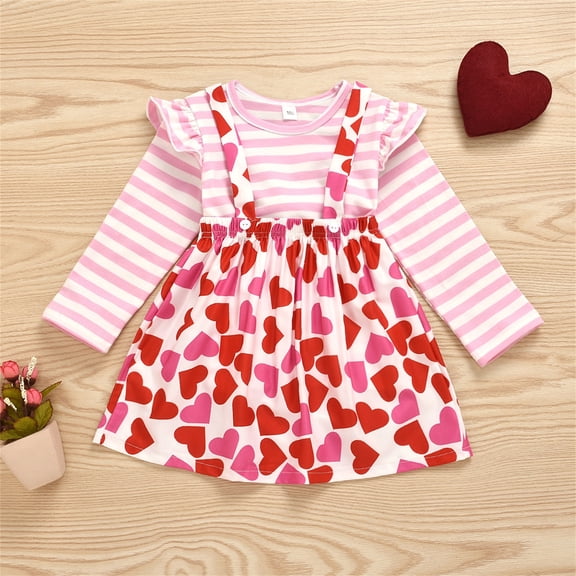 Rhoudy Clothes For Girls 12-24 Months Baby Heart Print Autumn ValentineâS Day Long Sleeve Tops Ruffle Shoulder Suspender Dress Set Clothes Basic Outfits Pink