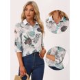 thumbnail image 2 of Tops transparentes con estampado de hojas ligeras y mangas 3/4 con cuello de punto para mujer Verde L, 2 of 6