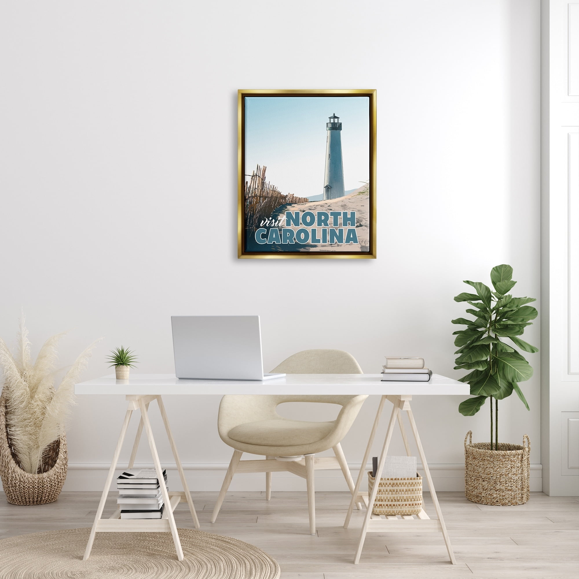 Stupell Industries Visit North Carolina Beach Lighthouse Seaside Sand Graphic Art Metallic Gold Floating Framed Canvas Print Wall Art, Design by David Owens Illustration