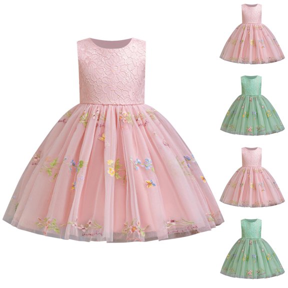 Hrsba Kids Summer Casual Dresses,Girl's Round Neck Sleeveless Exquisite Flower Embroidered Mesh Skirt Princess Skirt Children's Birthday Dress Dress Dress Dress,Pink,3 Years