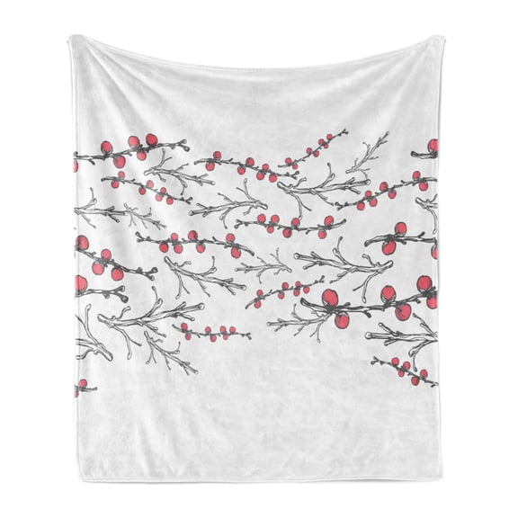 Botanical Soft Flannel Fleece Blanket, Vintage Simplistic Design with Delicate Branches of Winter Berry Print, Cozy Plush for Indoor and Outdoor Use, 50" x 70", Coral White and Grey, by Ambesonne