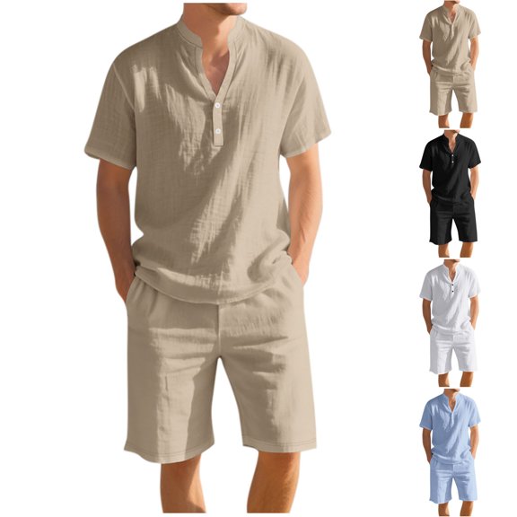 Men's 2 Piece Set Linen Casual Short Sleeve Button Down Shorts with Pockets | Relaxed Fit Matching Set | Breathable Lightweight Summer Outfit | Beach Vacation | Zenithor,Black L