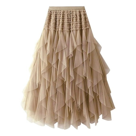 Tanhomme Women's Tulle Skirt A-Line High Low Asymmetrical Length Elastic Waist Tutu Skirts Tulle Skirts High Elastic Waist Mesh Layered Long Fairy Skirt Tutu A Line Midi Skirt