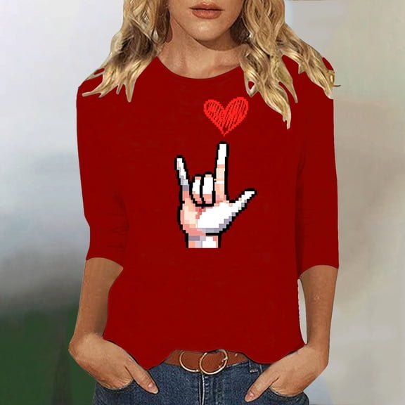 Ounisa Womens 3/4 Sleeve Crew Neck Valentine T Shirts Love Heart Letter Printed Graphic Tee Tops