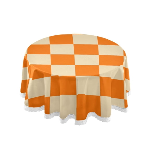 Orange Yellow Checked Pattern Round Lace Tablecloth 60 Inch Polyester Wrinkle Resistant Decorative