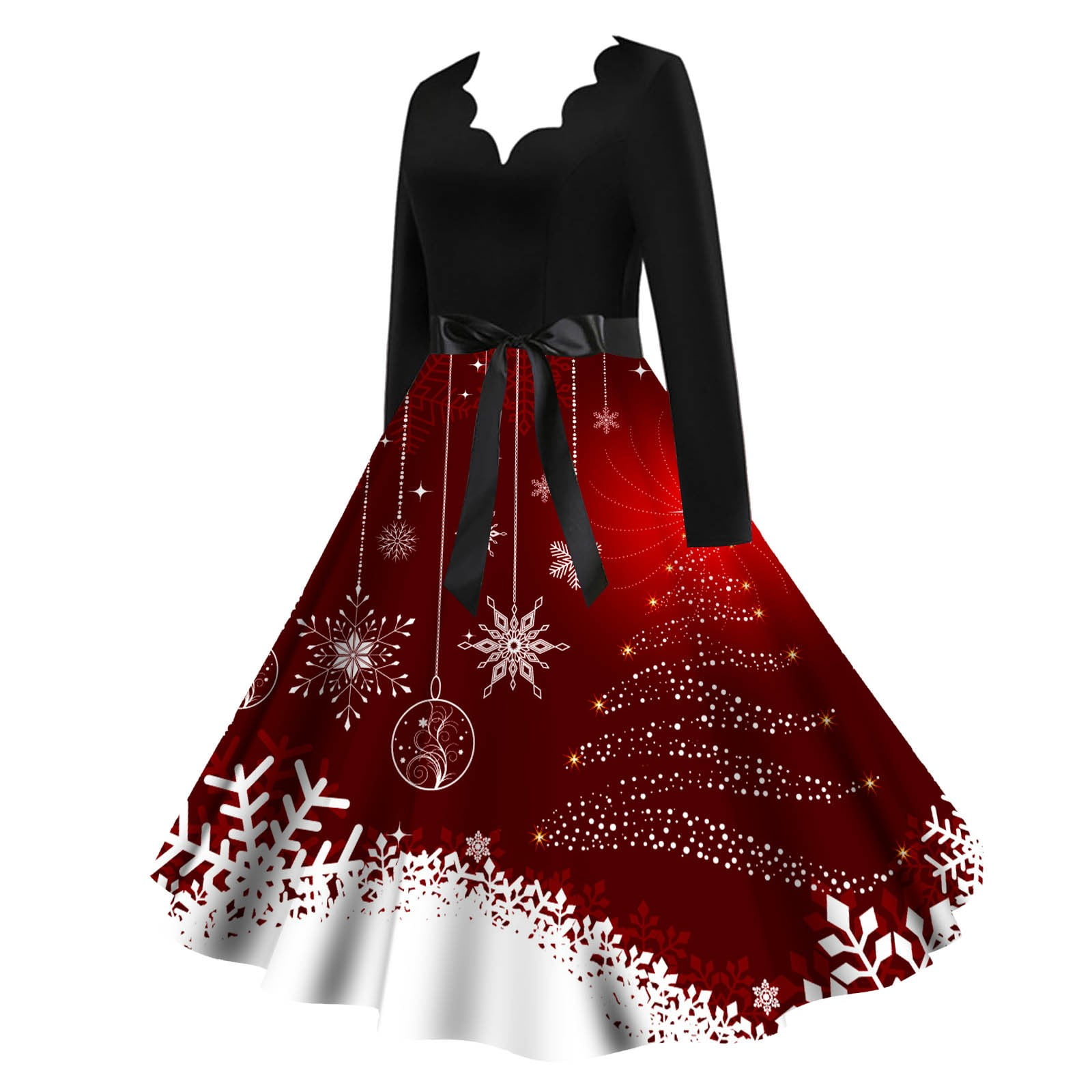 Robe Années 50 Femme - Manches Longues, Col Rond, Ceinture - Style Swing Pour Fête De Noël Ou Cocktail