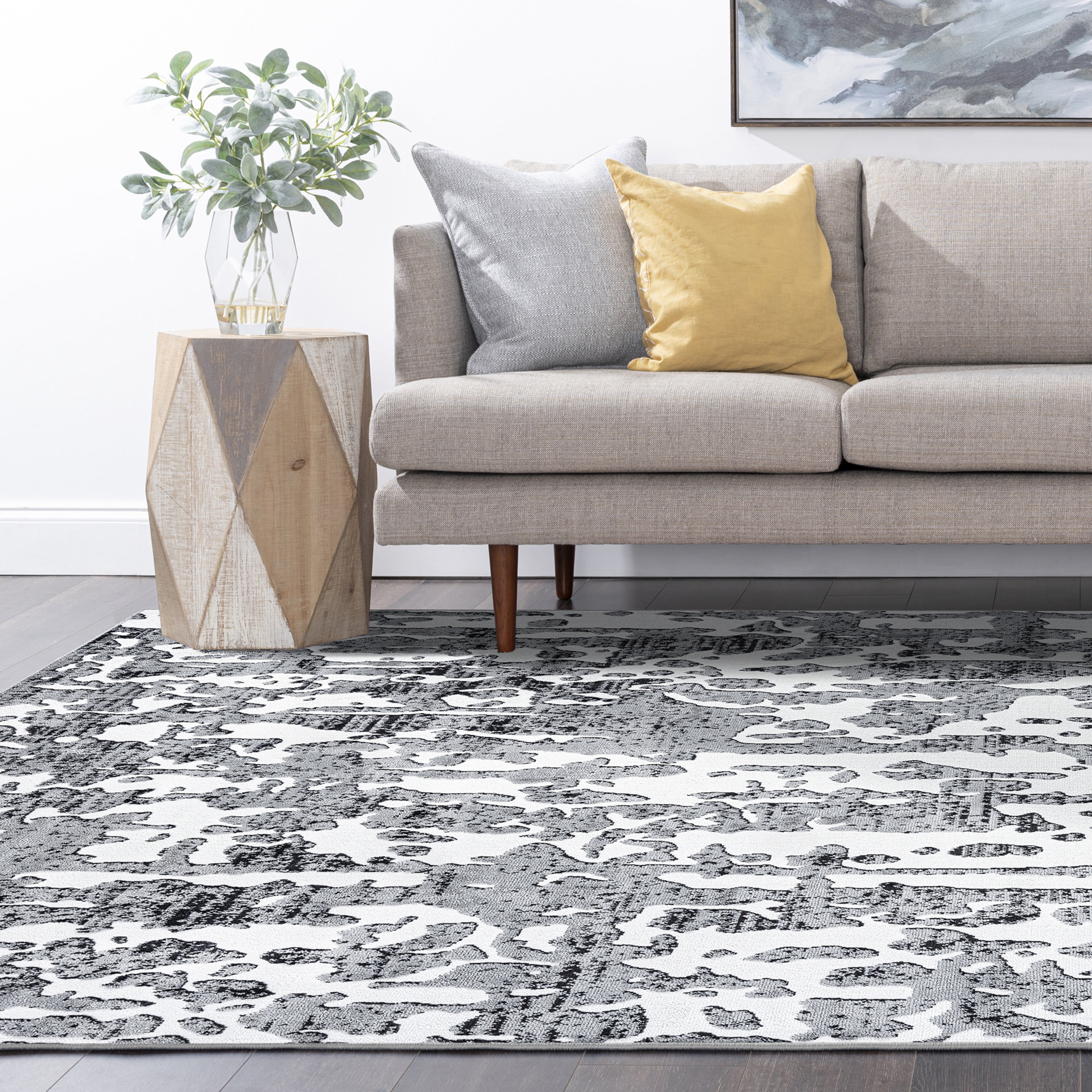 Contemporary 9x12 Area Rug (8'10'' x 12'2'') Abstract Gray, White Living Room Easy to Clean