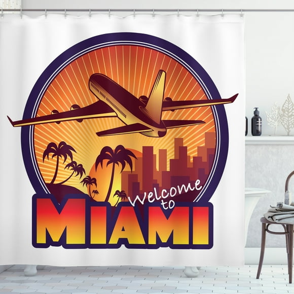 Ambesonne Florida Shower Curtain, Welcome Miami Graphic, 69"Wx84"L, Burnt Orange Indigo