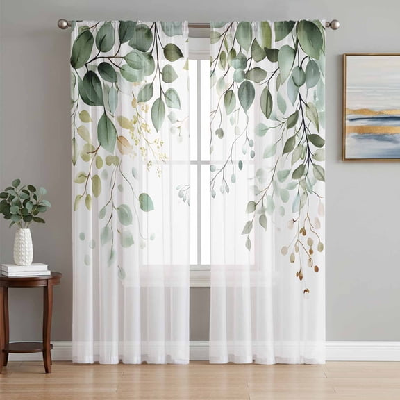 Eucalyptus Leaf Sheer Curtains 96 Inch Length 2 Panels Set, Weeping Green Botanical Summer Voile Window Treatment Semi Sheer Long Curtains Drapes for Bedroom/Living Room/Kitchen 52"x96"x2