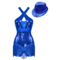 thumbnail image 3 of Sinleey Women Glittery Sparkly Bodysuit Fringe Dance Leotard Halter Cross Front Latin Jazz Ballroom Royal Blue S, 3 of 7