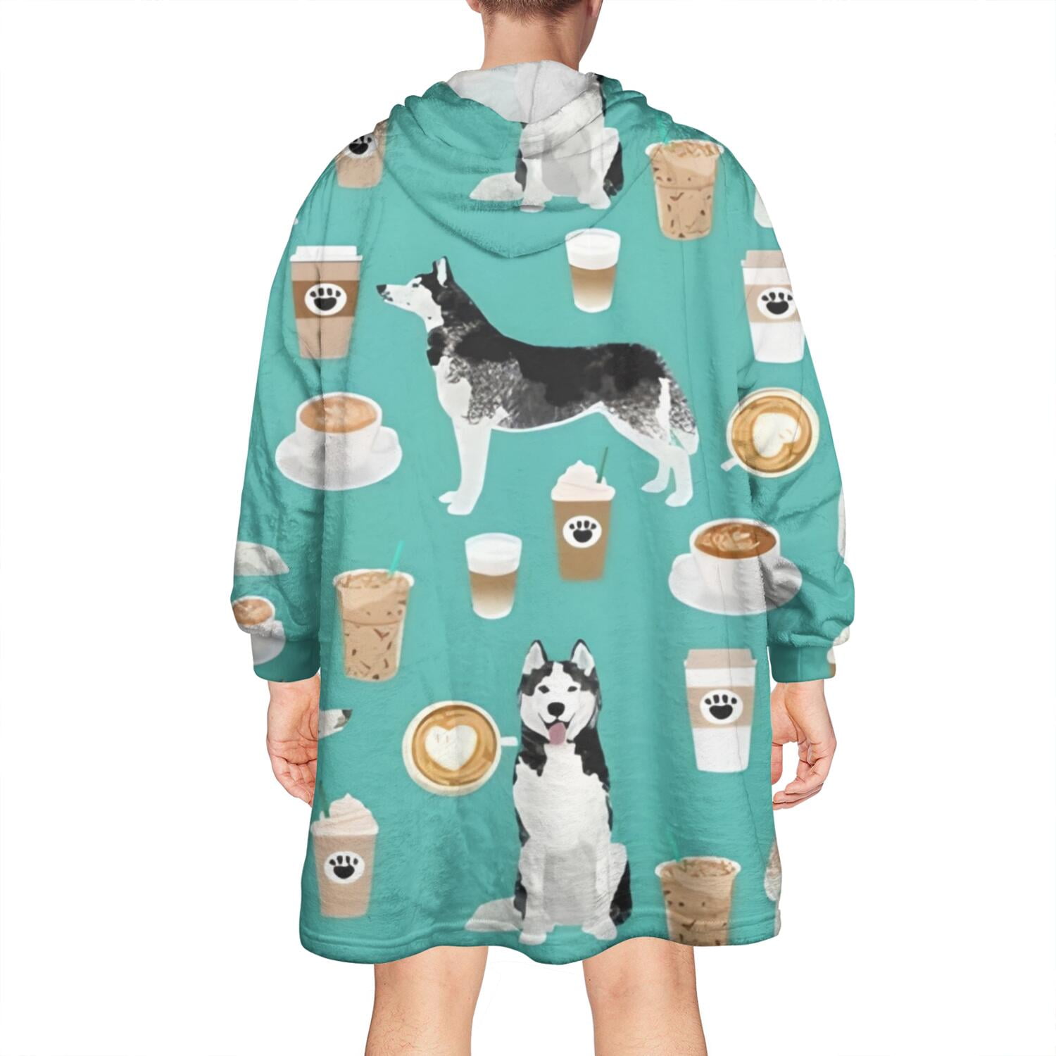 Husky and Coffee Wearable Oversized Blanket,Wearable Blanket Hoodie for Adults,Cozy Hooded Blankets with Super Pockets,Super Warm Fuzzy Pullover for Women & Men