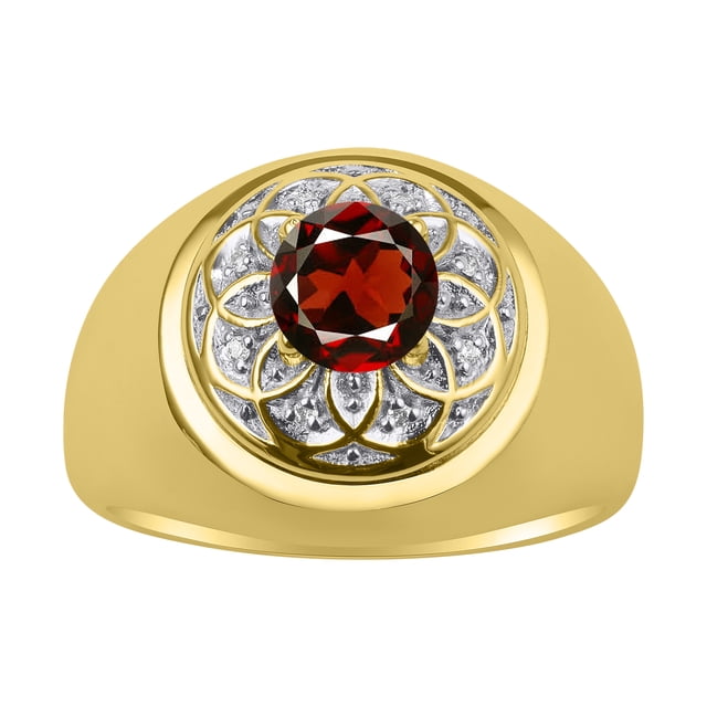 RYLOS Men's Rings 14K Yellow Gold Designer Gypsy 7MM Round Gemstone & Diamond Ring Garnet January Birthstone Rings Size 12