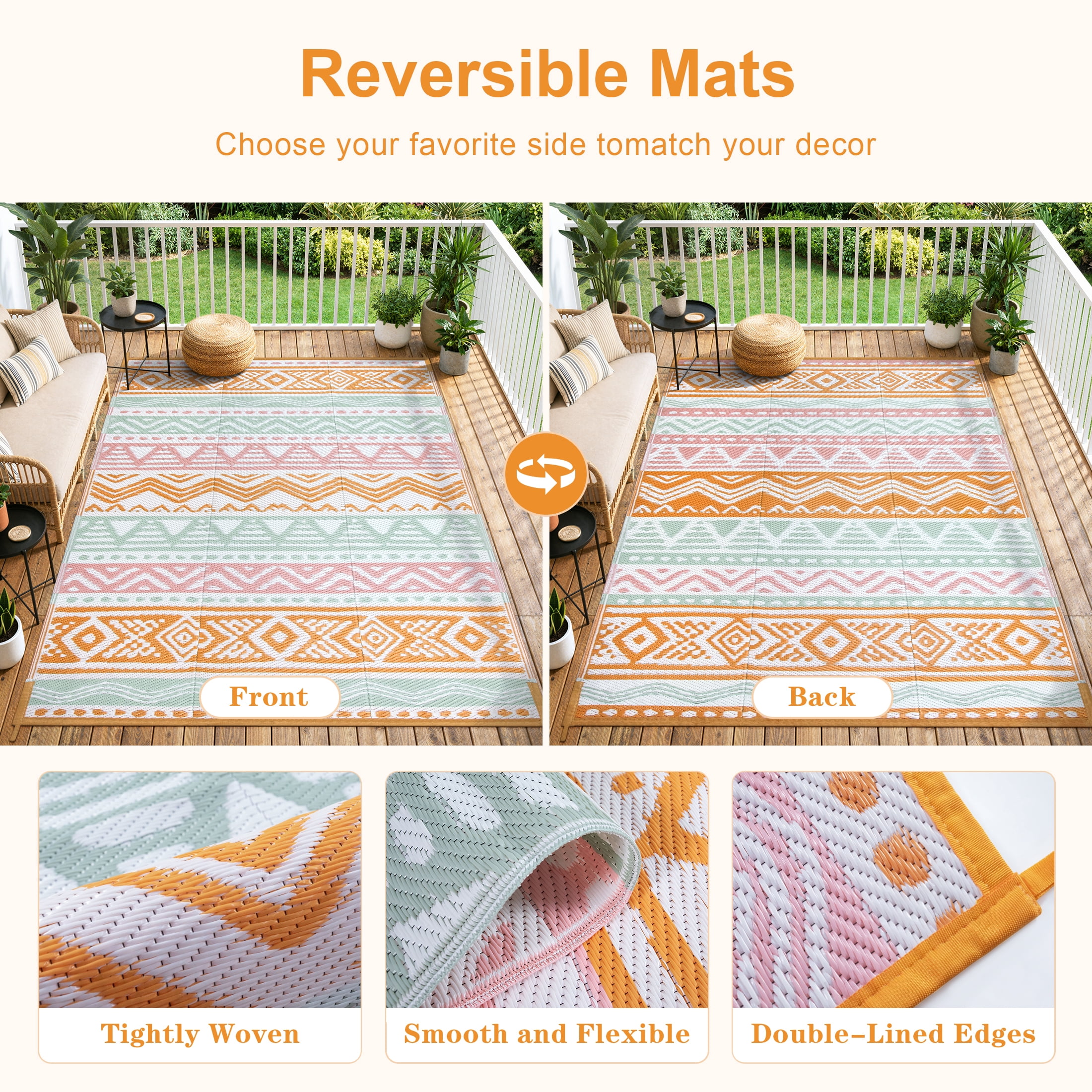Moynesa Outdoor Rug Waterproof, 4'x6' Lightweight Plastic Straw Rug for Camping RV, Reversible Outside Carpet for Patio Deck Porch Balcony Picnic Tent, Pink/Orange