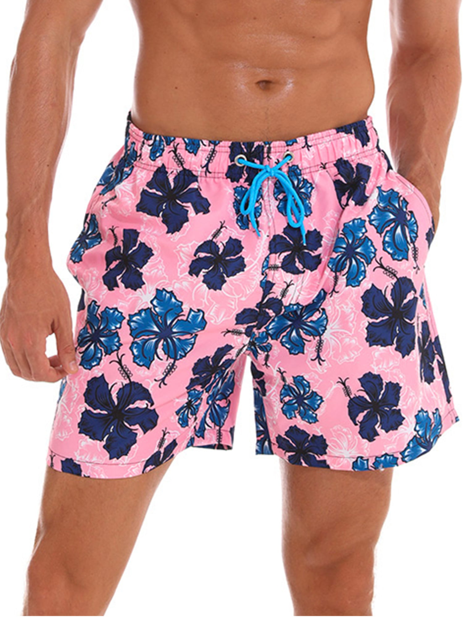 Mens Casual Swim Trunks Polyester Birds and Flowers Pattern Beachwear with Pockets