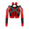thumbnail image 4 of YiZYiF Girls Acrobatics Dance Tops Long Sleeve Rhinestone Shiny Color Block Cross Back Cutout for Gymnastics Sport Wear Black 8, 4 of 5