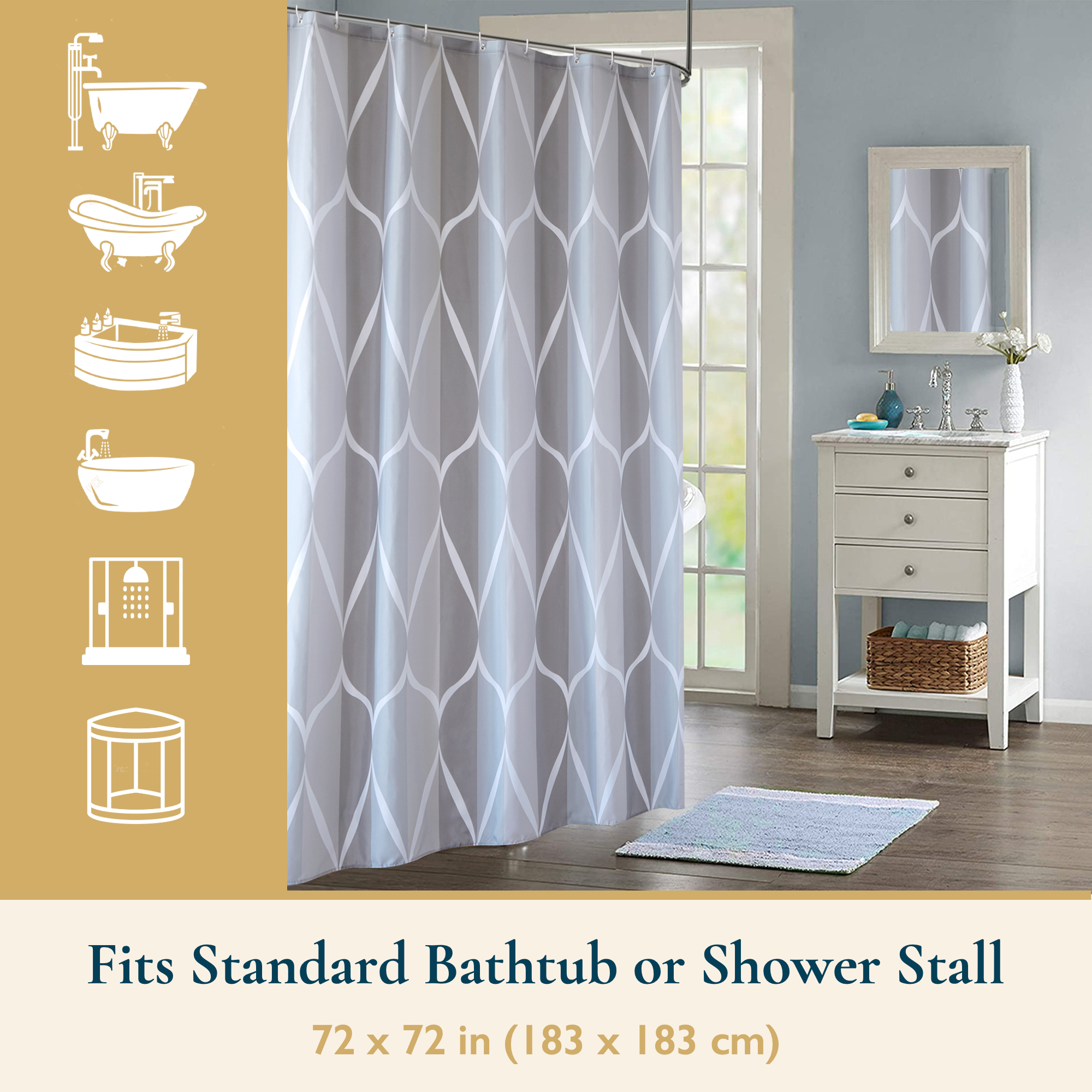 ComfiTime Wavy Shower Curtain with Hooks, 72" x 72", Gray photo 8