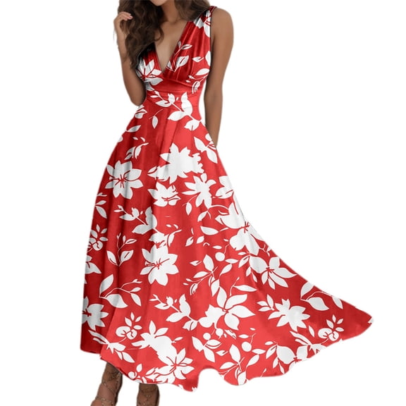 Women's Floral Print V Neck Sleeveless Summer Dress Casual Beach Wear Comfortable Stretchy Waistband Flowy Feminine Outfit