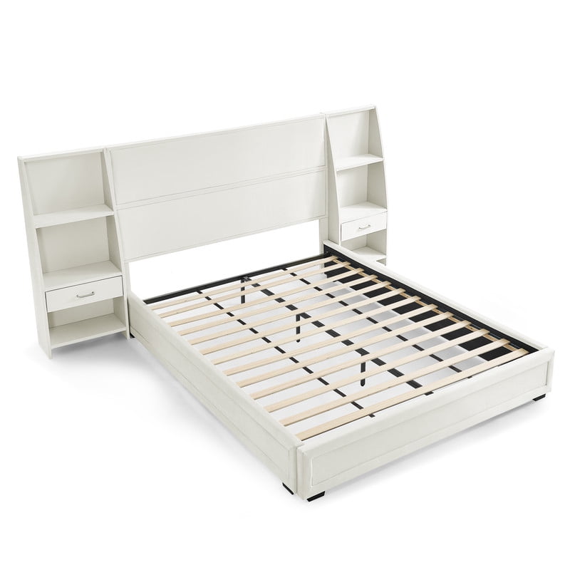 Queen/King Size Modern Upholstered Platform Bed Frame, Velvet Storage Bed with Headboard, Side Bookcases & Drawers Nightstand