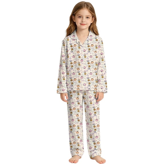 Bobifish Toddler Girls Sets Pink Pumpkin And Ghost Full Print Long Sleeves Turn-Down Collar Sets Children Girls Home Wear