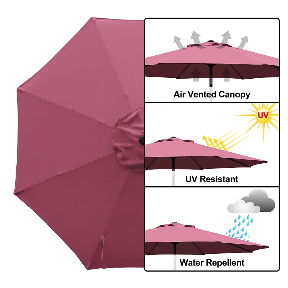 Kool Outdoor 9ft Patio Umbrella with Crank Handle and Push Button Tilt, Outdoor Market Umbrella with 8 Ribs - Burgundy
