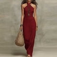 thumbnail image 2 of Women Halter Neck Sleeveless Bodycon Maxi Dress, Solid Color Slim Fit Ruched Long Slip Dress, Elegant Evening Gown Wine M(M), 2 of 5